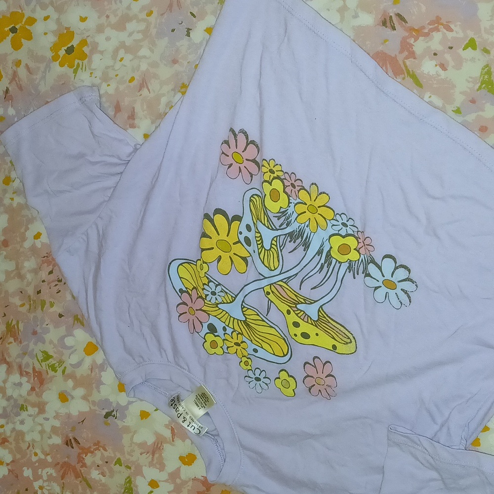 Cut & Paste trippy retro flower hippie oversized crop top XS purple